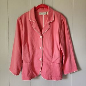 Susan Bristol Vintage 80s Pink Blazer Jacket White Piping Preppy Feminine Retro